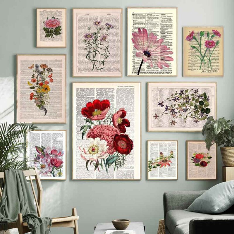 Toile d'art rétro avec fleurs sur livres, affiche murale, peinture murale de bureau, décoration de maison