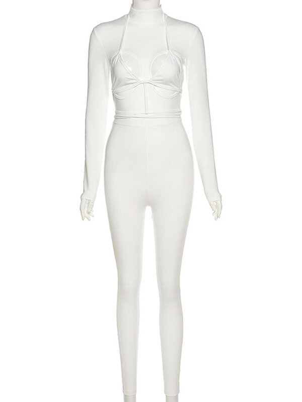 Simenual Bandage Hollow Out 긴 소매 스키니 Rompers Womens Jumpsuit 패션 스포티 한 운동 Active Wear White Autumn Jumpsuits