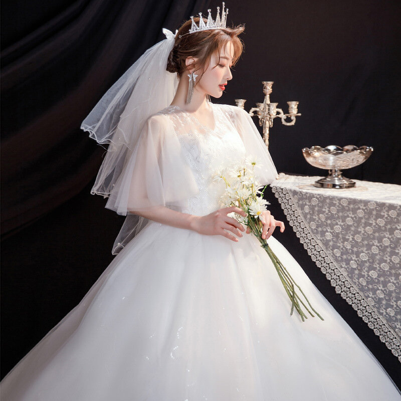 Braut Robe Hochzeits kleid weißes Kleid Fee Perlen elegante formale Braut partys Zeremonie hoch nähen große Prinzessin geschnitten
