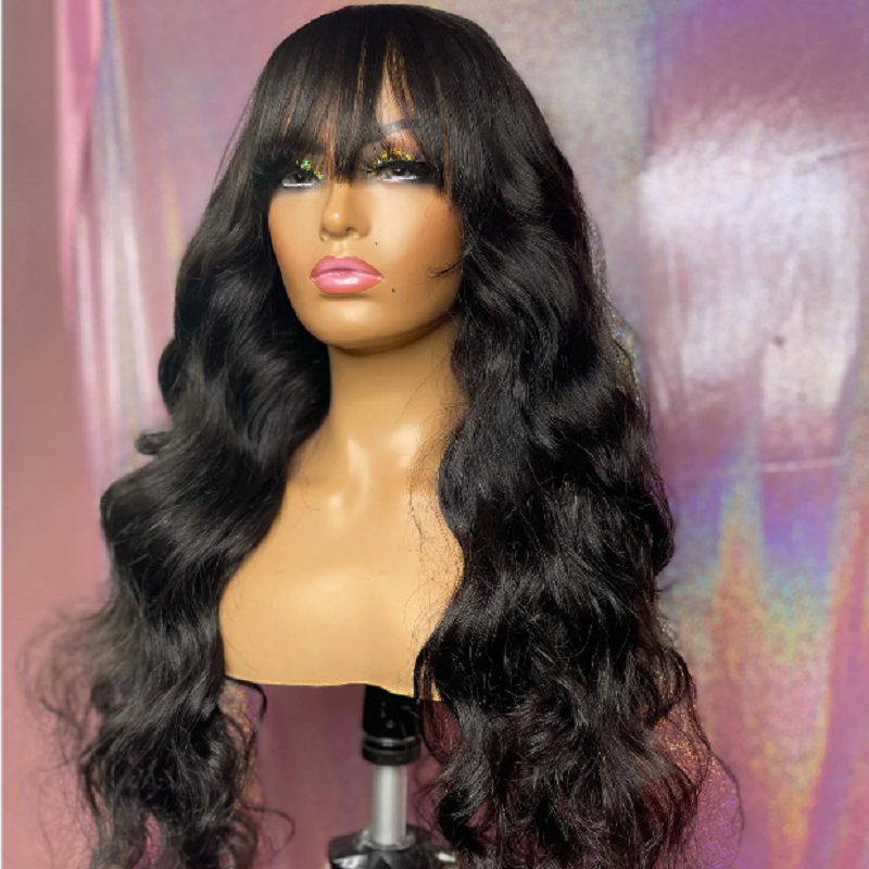 Soft 26 inch Long Wave Synthetic Machine WigWith Bangs For Black Women Glueless Cosplay Heat Fiber Wig