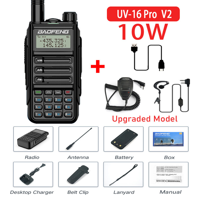 BAOFENG-walkie-talkie UV-16 pro V2, Radio bidireccional, 10W, potente transceptor de mano con banda Dual UHF VHF, de largo alcance, Ham UV-5R