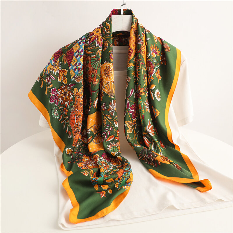 Hijab cuadrado con estampado Floral para mujer, pañuelos de satén de Sarga de seda, banda para el pelo, diadema, pañuelo Fular de mujer