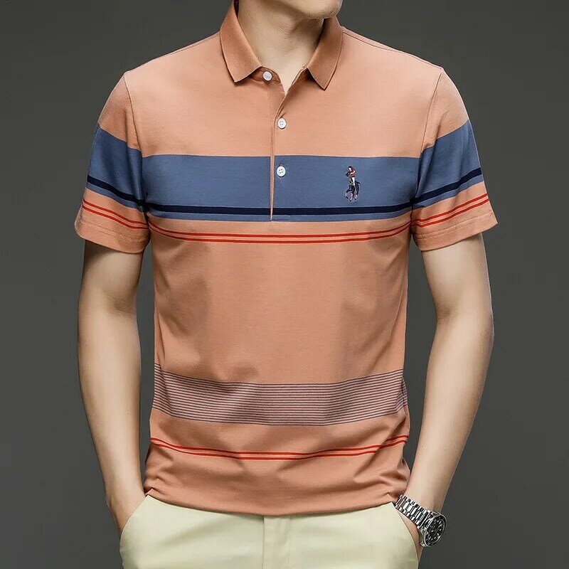 남성 폴로 셔츠 비즈니스 코튼 반팔 티셔츠 수 놓은 옷깃 줄무늬 캐주얼 통기성 새 남성 디자이너 의류