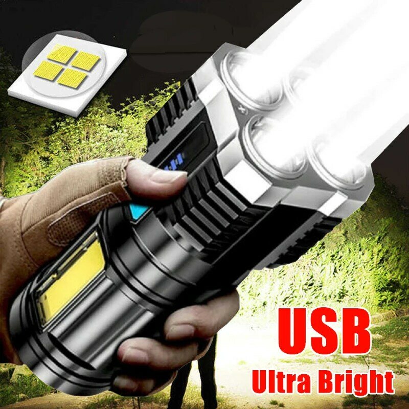 4 Core Senter LED USB Isi Ulang Cahaya COB Berkemah Mendaki Obor Tahan Air Lampu Ultra Terang Luar Ruangan Lentera Portabel