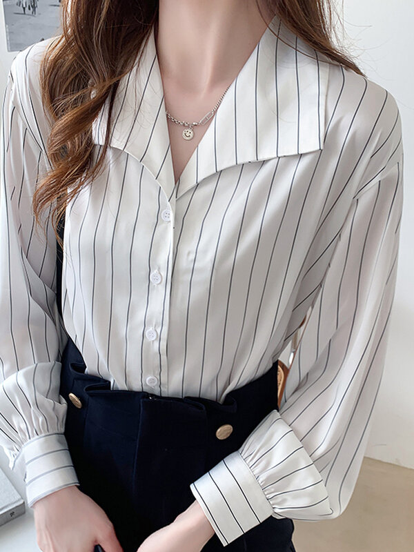 Listrado cetim manga longa camisa feminina solta 2022 primavera superior elegante escritório senhoras botão até camisa camisas mujer