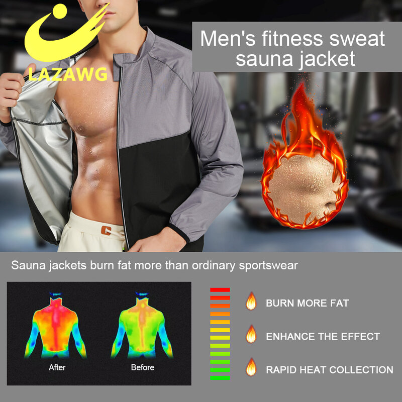 LAZAWG حار عرق ساونا قميص الرجال محدد شكل الجسم سستة مدرب خصر سترة رياضة اللياقة البدنية الوزن فقدان الدهون الموقد تجريب التخسيس قمم