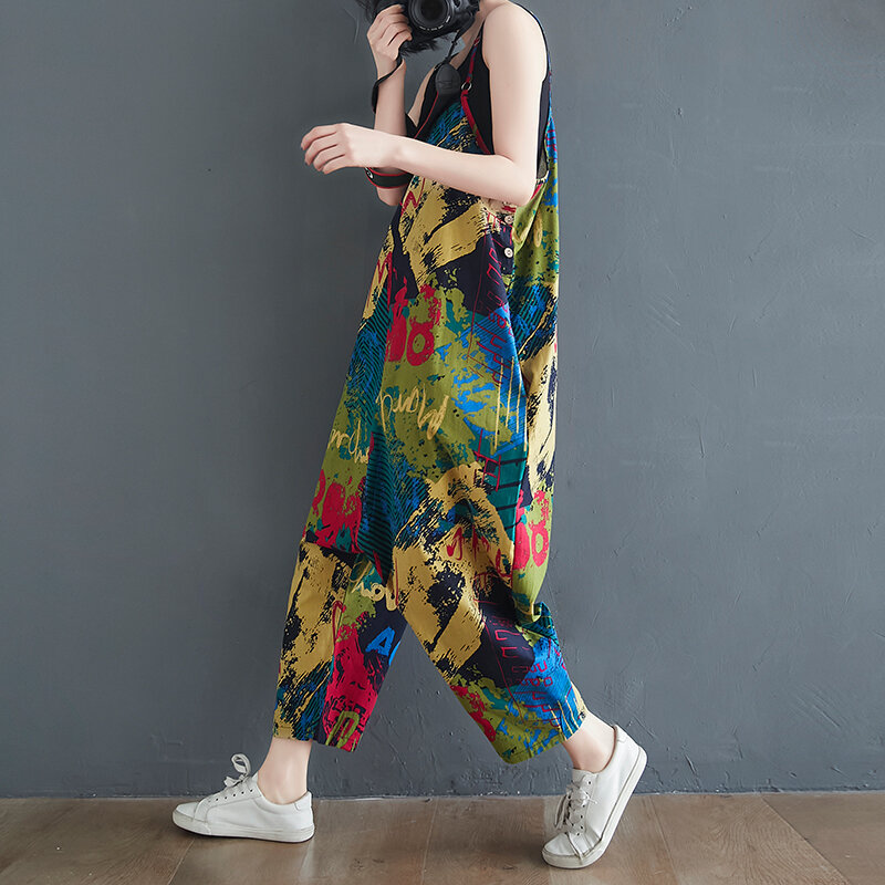2022 New Fashion Long Jumpsuit Womens Floral Print Vintage Rompers Baggy Side Pocket Playsuit Casual Sleeveless Overalls