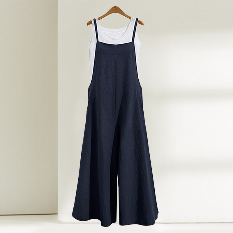 Women Strap Loose Jumpsuit Summer Casual Wide Leg Pants Solid Cotton Linen Sleeveless Dungaree Bib Overalls Oversized Jumpsuits