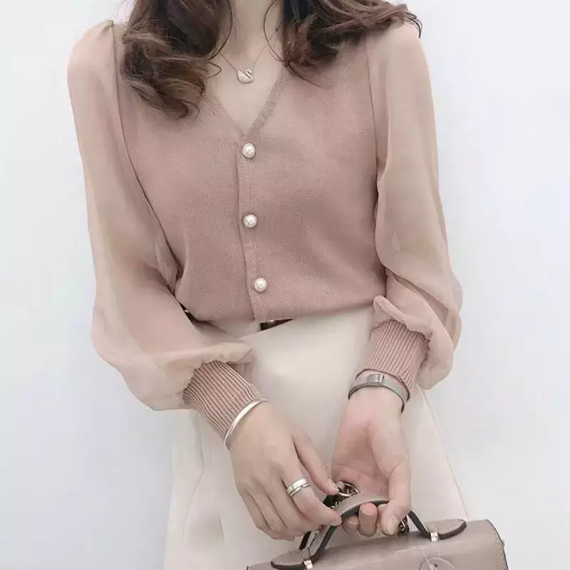 Vestido feminino primavera outono estilo chiffon blusas camisa feminina botão de malha manga longa cor sólida rendas retalhos