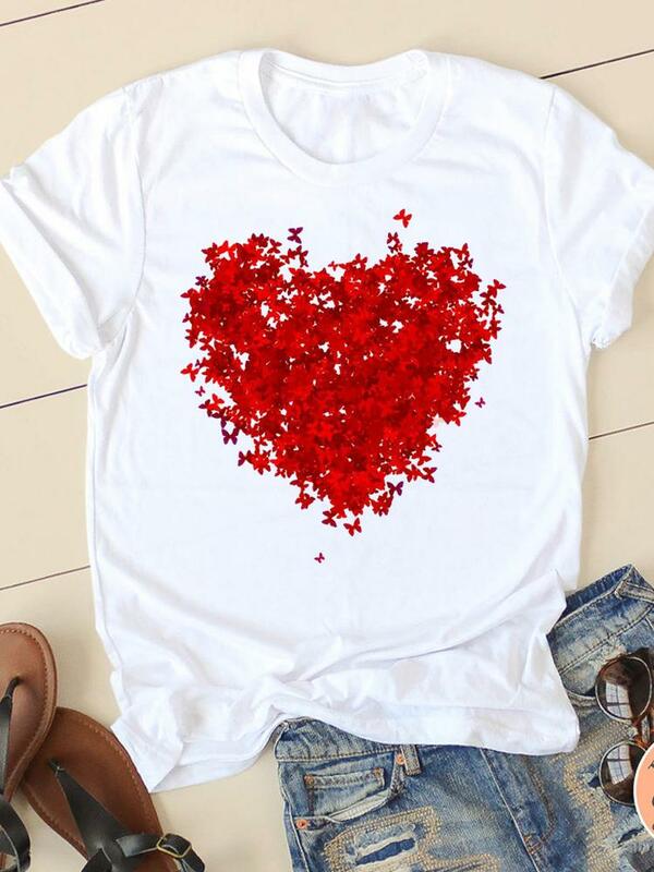 Print T-shirts Clothing Flower Love Heart Cute 90s Women T Clothes Short Sleeve Ladies Summer Casual Fashion Female Graphic Tee