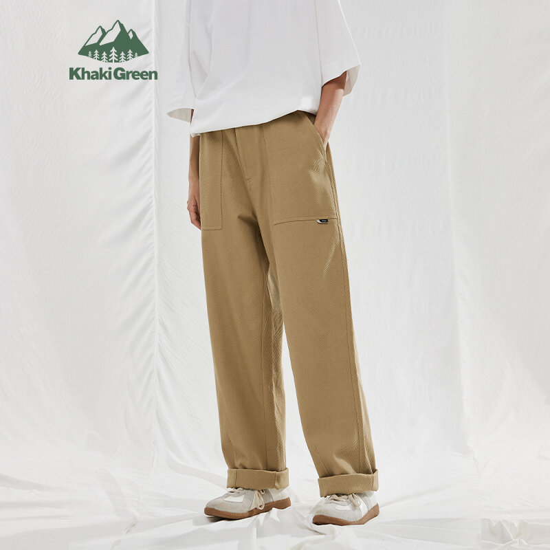 INFLATION Khaki Straight Leg Twill Cargo Pants Men Heavyweight Cotton Trousers Plus Size