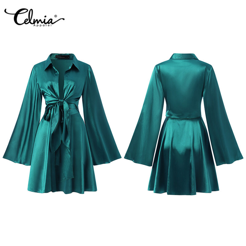 Celmia-Conjunto elegante de seda satinada para mujer, conjunto de camisa de manga larga acampanada y minifaldas de vendaje, conjunto de 2 piezas, 2022
