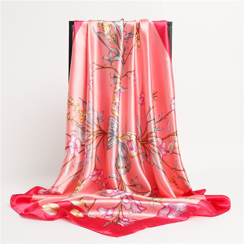 2022 атласный Шелковый квадратный шарф хиджаб Женская повязка на голову с цветочным принтом бандана тонкие шали модный платок 90*90 см