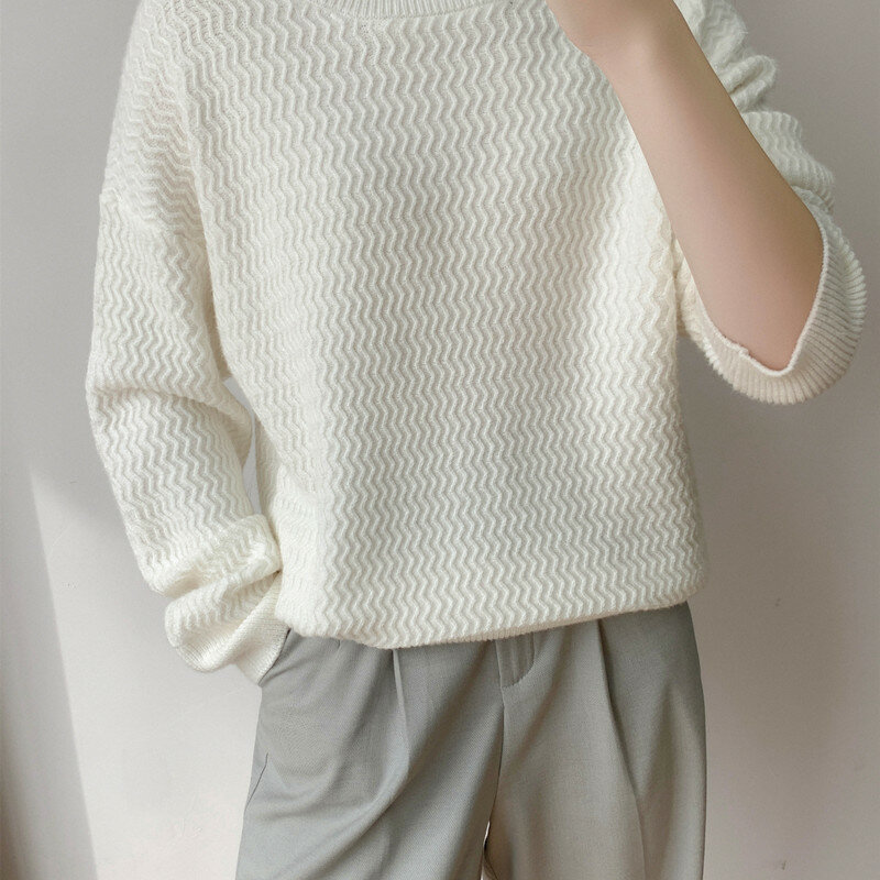 Suéter de punto ondulado de cuello alto para mujer, suéter holgado de manga larga, versión coreana, Otoño, nuevo