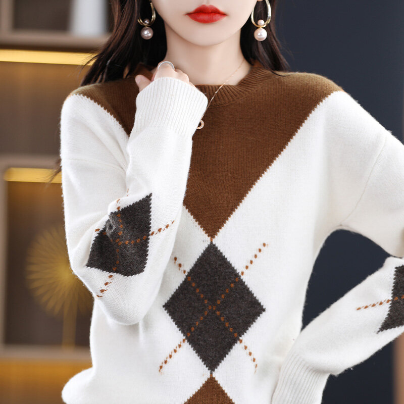 Dzianina damska jesienno-zimowa moda nowy okrągły dekolt 100% wełniany sweter sweter Retro ciepły luźny kolor pasujący francuski Top