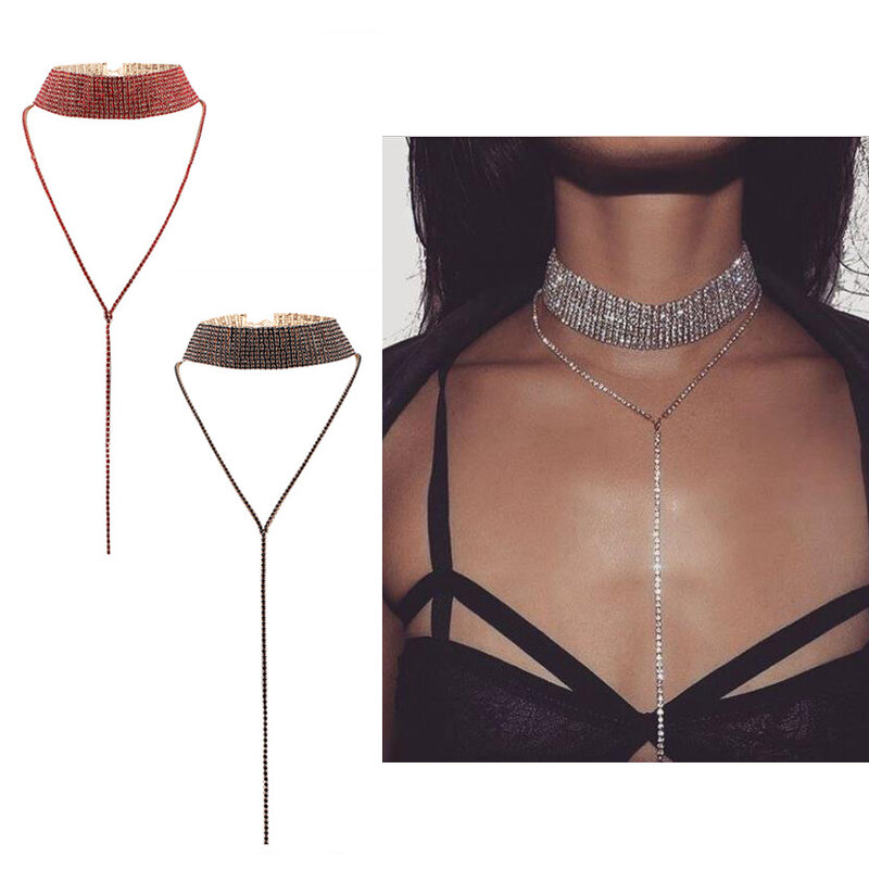 Long Rhinestone Necklace Choker Gem Bling Crystal Chest Chain Collar Fashion Bikini Glitter Body Jewelry Women Accessories Gifts