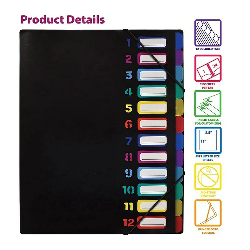 مجلد ملف توسيع جيب واضح ، 12 علامات التبويب الملونة ، يحمل 300 ورقة ، منظم ، مؤشر مرقمة على الغطاء ، 24