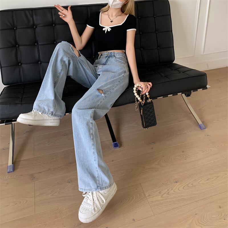N1403  Ripped jeans women's new loose high waist wide leg all-match slim straight pants jeans