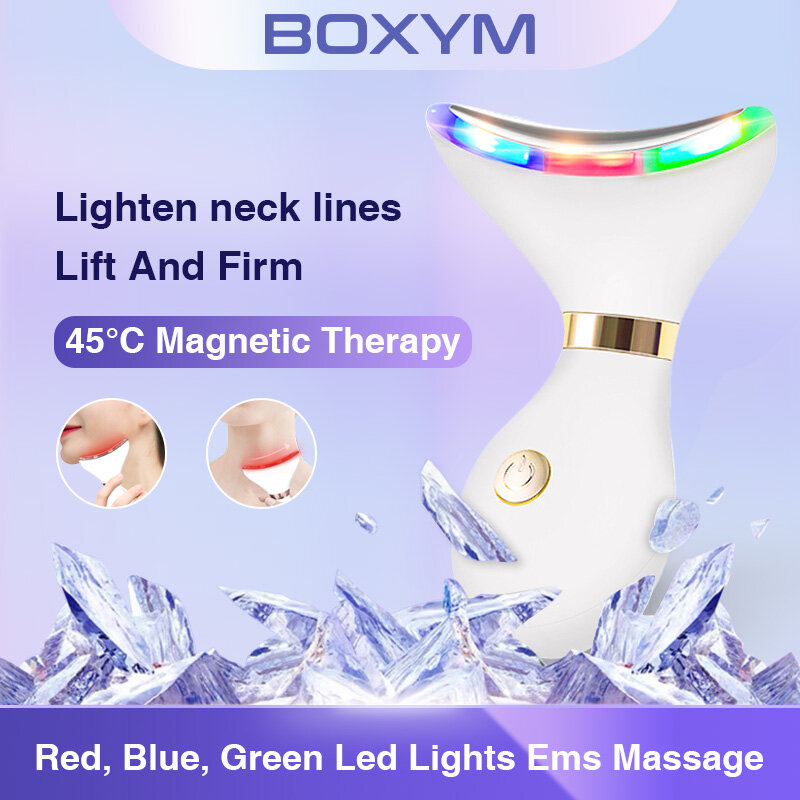 BOXYM-목 얼굴 LED 광자 리프팅 마사지기, 붉은 빛 테라피 피부 EMS 마사지 이중턱 감소 충전식
