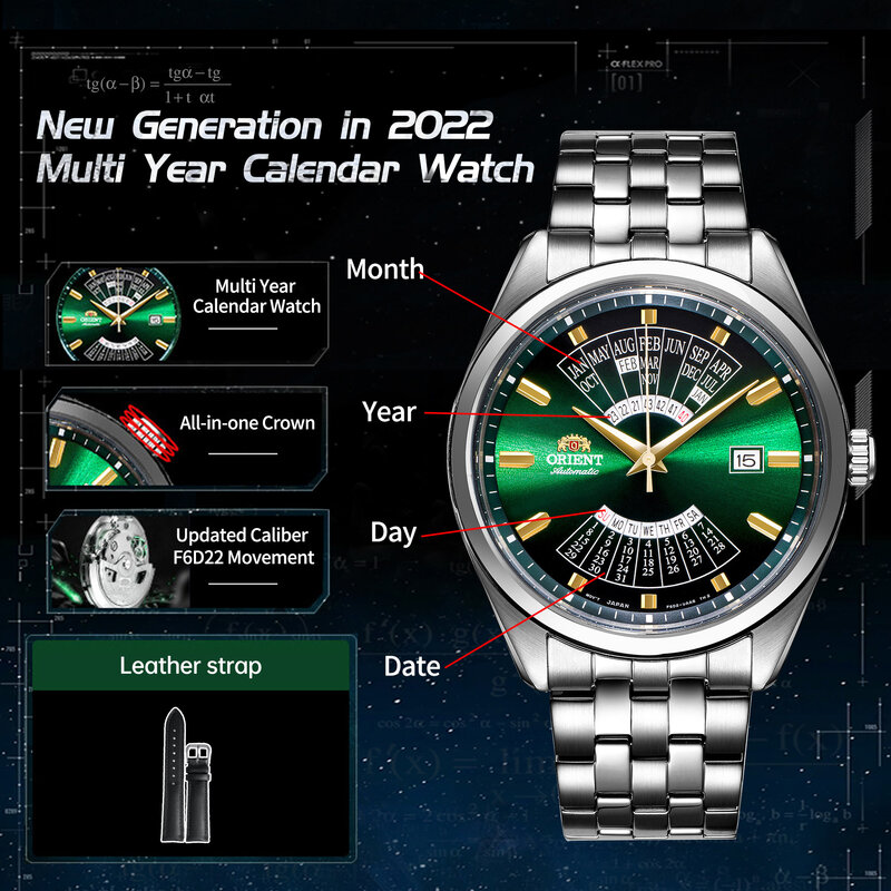 Original oriente mecânico multi ano calendário relógio 2022 geração, relógio para homem vintage cristal mineral ver-através caseback