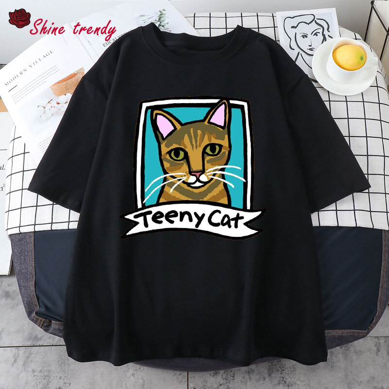 Atasan Kasual Kawaii Harajuku Kaus Pria Musim Panas 2022 Longgar Ulzzang Kaus Cetak Kucing Abstrak Kaus Jalan Jepang Kartun Lucu