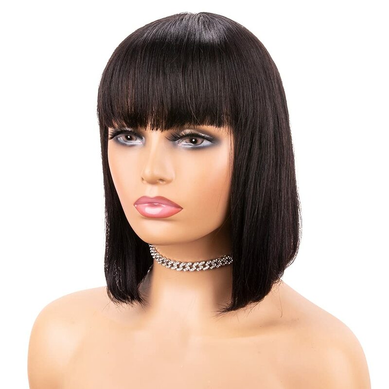 Short Human Hair Wig with Fringe for Women Straight Remy Hair Bob Wigs With Bangs Dark Brown Balayage Highlight Ombre Color