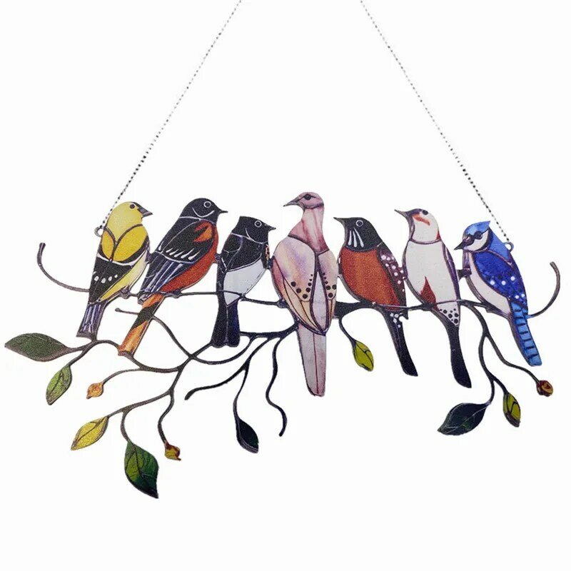 7/4 Birds Stained Acrylic Colored Window Hangings Window Panel Ornaments for Tree Clip Sculptures Bird Decor Door Crafts
