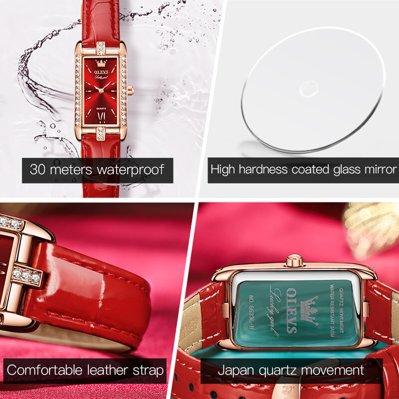 Olevs 6623 Top Marke Damen Geschenk Luxus Diamant quadratische Quarzuhr wasserdichte Leder Japan Quarz werk Armbanduhren