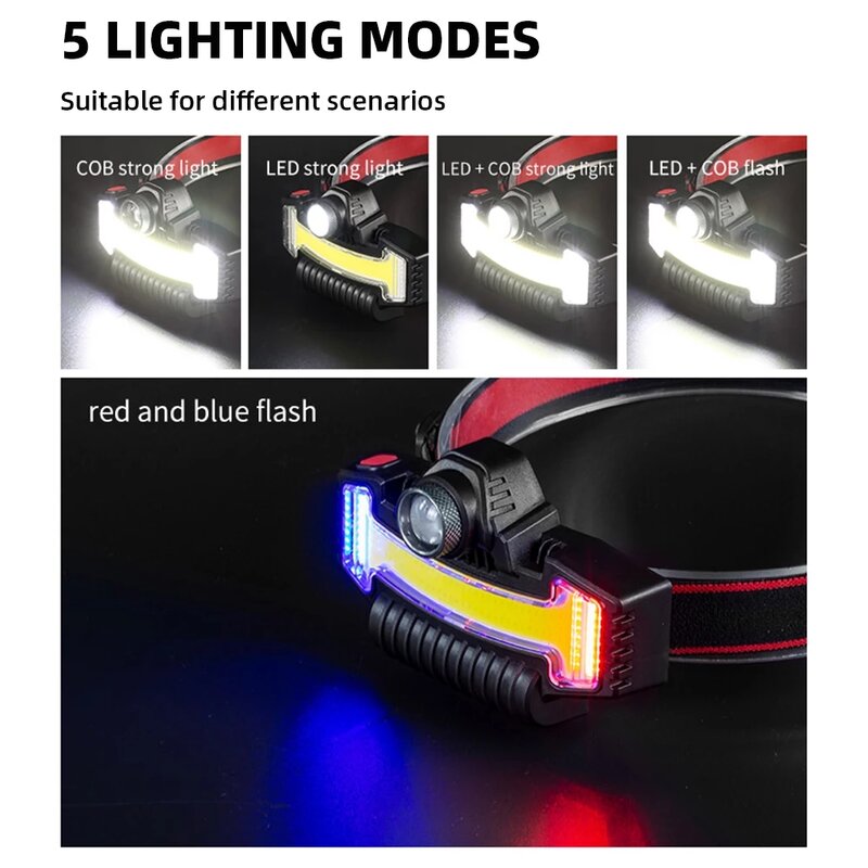 5 LED + COB ไฟหน้าตกปลาไฟหน้า USB ชาร์จไฟ Super Bright สีแดงและไฟสีฟ้า Camping Hiking แบบพกพาแสง