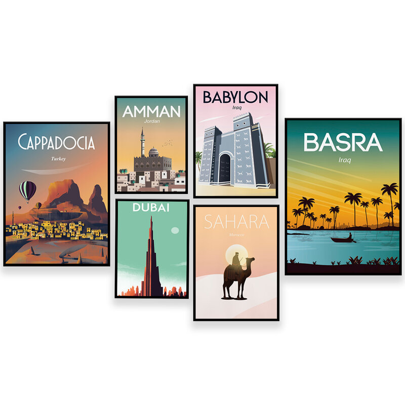 Póster de viaje del desierto de Dubai, Iran, Vietnam, Cappadocia, Turquía, Amman, Jordan, Babylon, Marruecos, Sahara