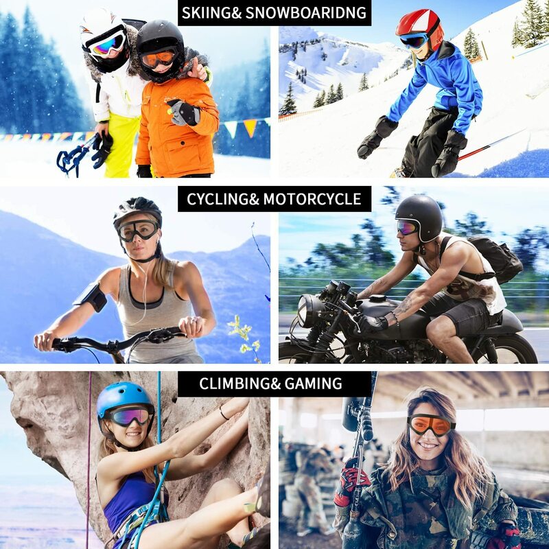 Kacamata Ski, Kacamata Sepeda Motor, Kacamata Papan Salju untuk Pria Wanita Anak-anak-Busa Perlindungan UV Tahan Debu Antigores