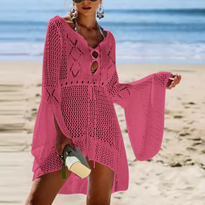 2021 Beach Cover Up Crochet lavorato a maglia nappa Tie Beachwear tunica lungo pareo costume da bagno estivo Cover Up Sexy See-through Beach Dress
