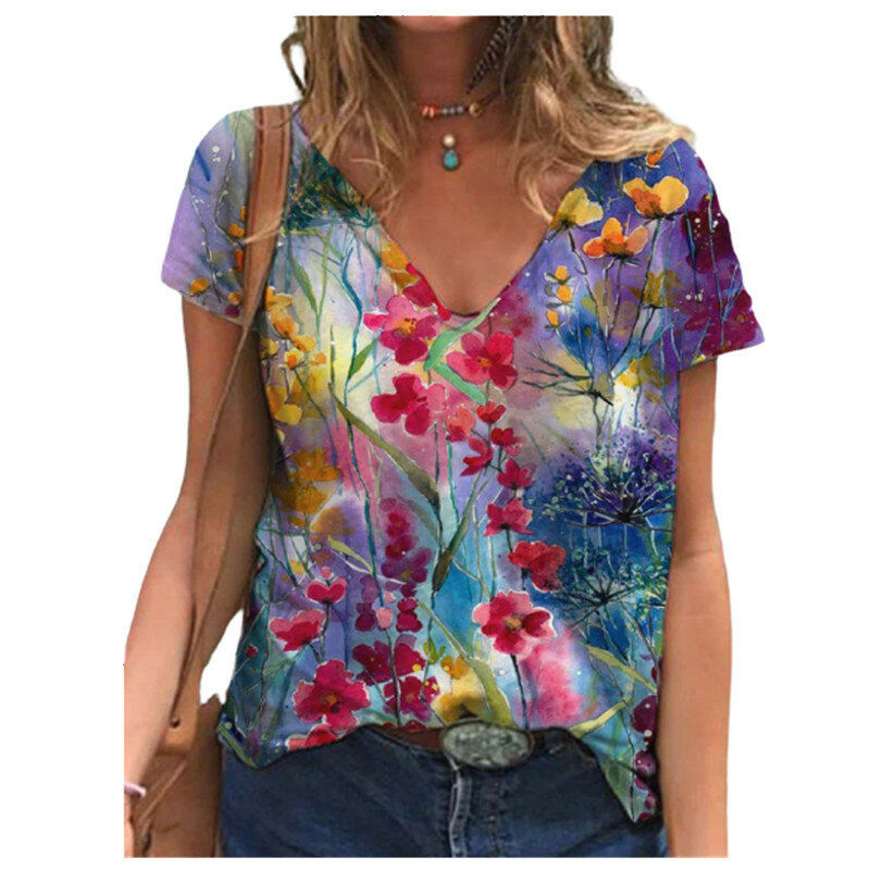2022 Summer Floral Print T Shirt Women Short Sleeve V Neck Pullover Top Street Comfort Loose Size Ladies Cotton T Shirt