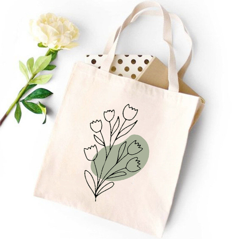 Floral Print Tote Bag Aesthetic Canvas Female Shopping Bags Reusable Bag Harajuku Simple Wildflowers Shoulder Bag Travel Handbag