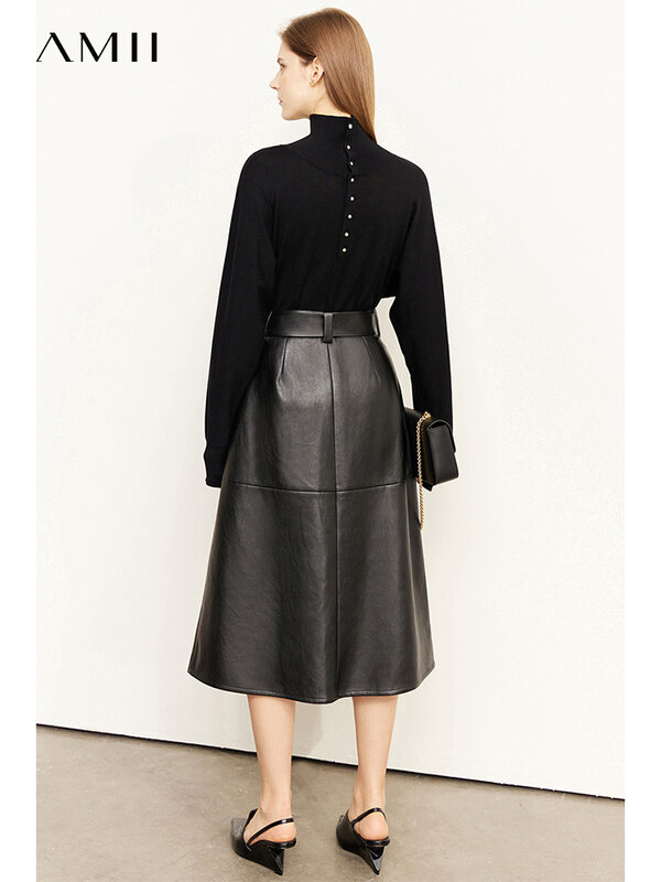 AMII Minimalism Skirt For Women Fashion High Waist Aline Skirts Office Lady Mid Length Skirt Female Leather Skirt 12140717