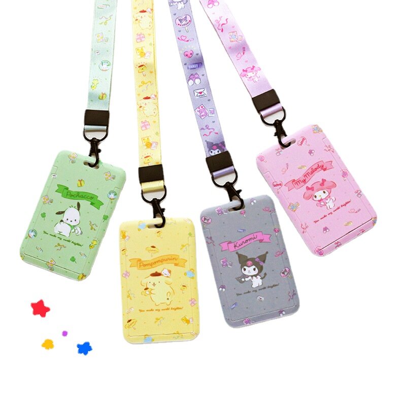 Kawaii sanrio cartão suportes anime figura hello kitty kuromi manga do cartão de ônibus das crianças caso cartão de trabalho com cordão para meninas