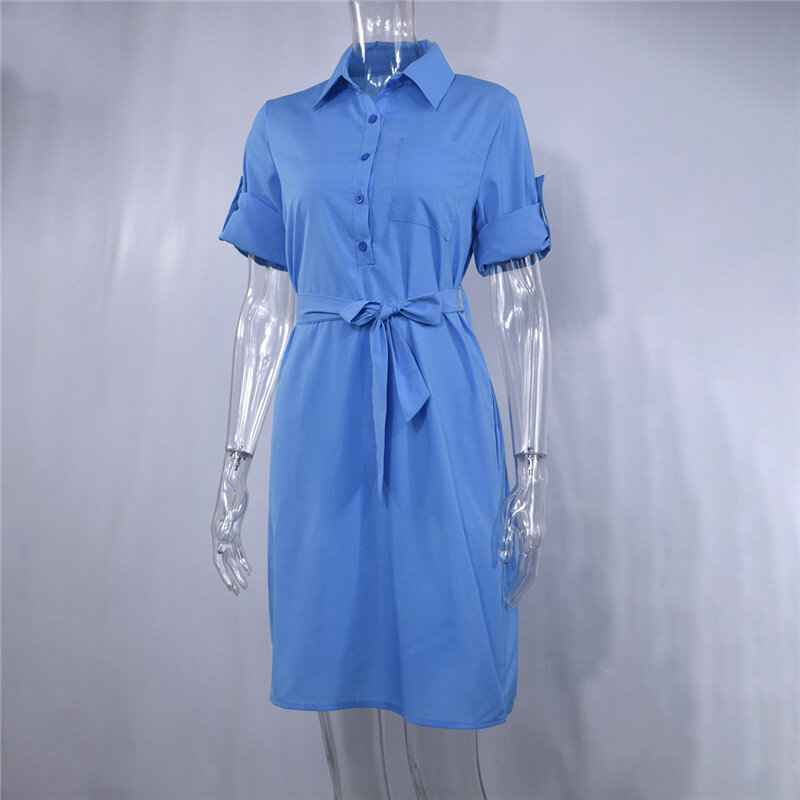 2021 새로운 패션 거꾸로 칼라 봄 셔츠 드레스 여성 3 분기 슬리브 여름 드레스 플러스 크기 캐주얼 루스 파티 가운