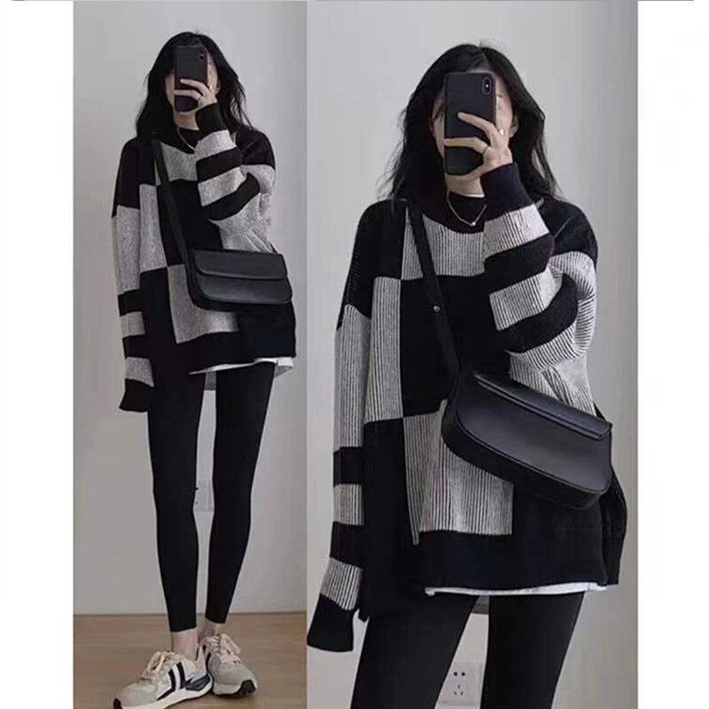 DAYIFUN Oversized Cardigan Contrast Color Autumn And Winter Korean Fashion Matching Sweater Women Knitted Bottoming Shirt Tops