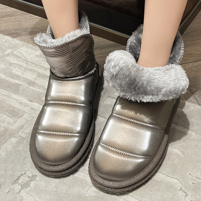 Sliver Thicken Plush Snow Boots ผู้หญิง2022ใหม่กันน้ำแพลตฟอร์มฤดูหนาวรองเท้าบูทข้อเท้าหญิงหนาด้านล่างรองเท้าผ...