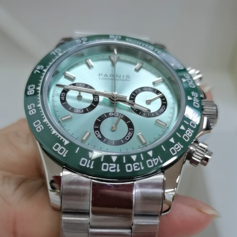 ใหม่แฟชั่น Parnis 39มม.สีเขียว Bezel ควอตซ์ Chronograph นาฬิกาสแตนเลสกันน้ำนาฬิกาผู้ชาย Montre homme