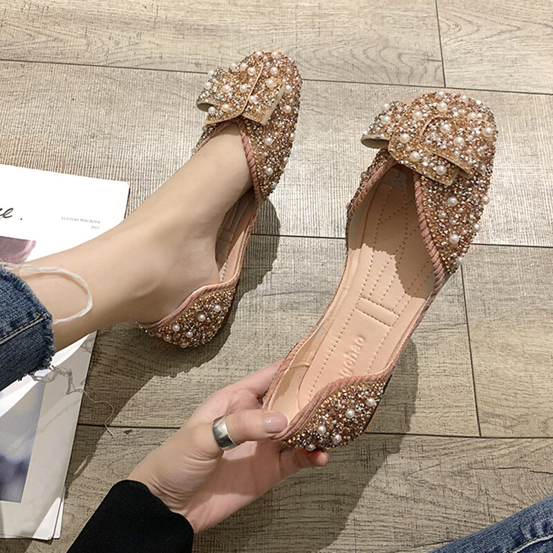 Soft Sole Shiny Crystal Ballet Flats Women 2022 Autumn Slip on Square Toe Loafers Shoes Woman Pearl Bowtie Single Shoes Mujer