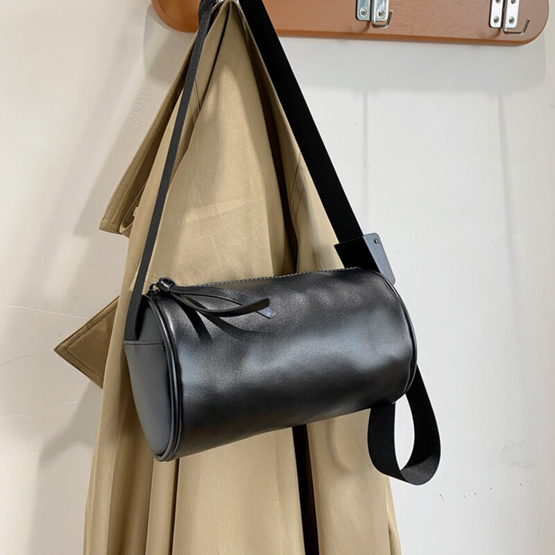 Bolsos De Almohada redondos para mujer, bolso cruzado de cuero PU negro, versátil, en forma de barril, estilo coreano informal y Chic