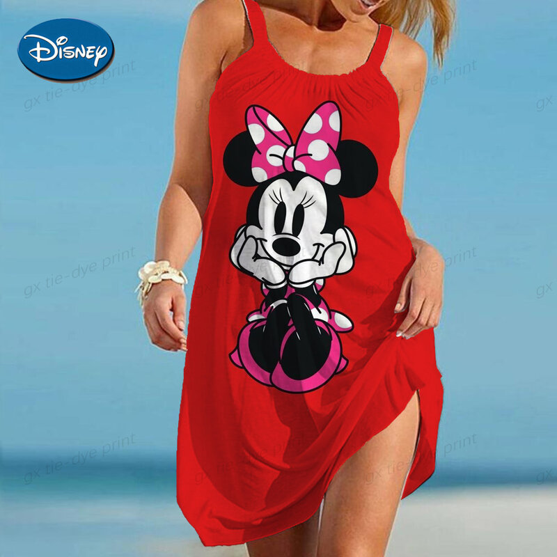 2023 Schlinge Sommer Frau losen Strand sexy Mickey Cartoon ärmellose Disney Print Frauen kleid Minnie Maus elegante Kleider Boho