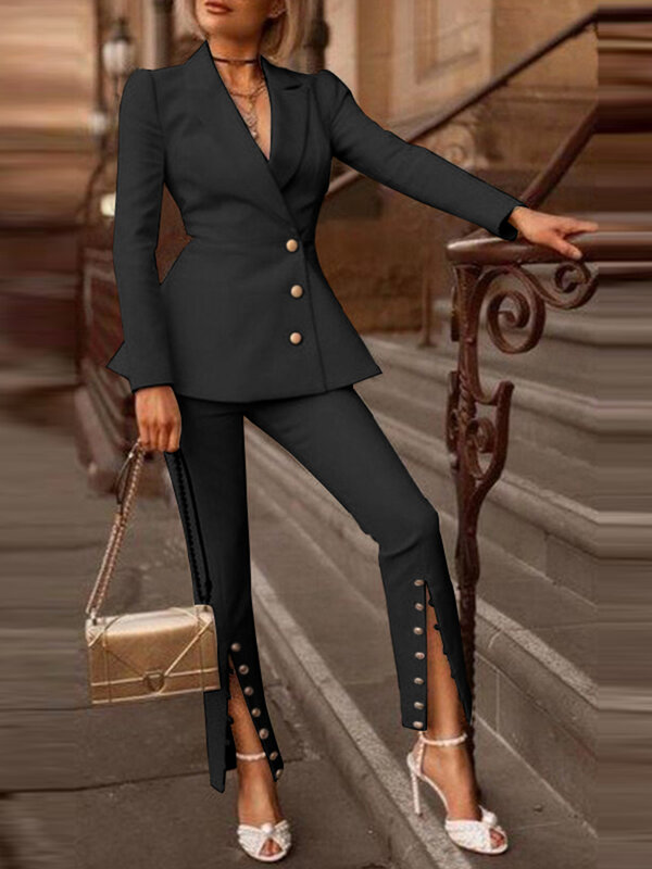 Setelan Tipis Kerah Y2K Solid Lengan Panjang Set Celana Wanita VONDA 2 Buah Jaket Ropa De Mujer Mantel Formal Kantor Celana Panjang Terpisah