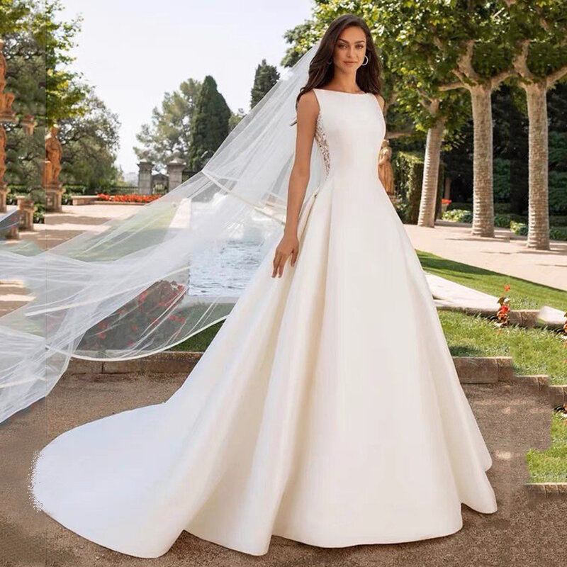Layout niceb cetim vestidos de casamento rendas sem mangas vestidos de noiva o-pescoço robe de mariée feito sob encomenda 2022