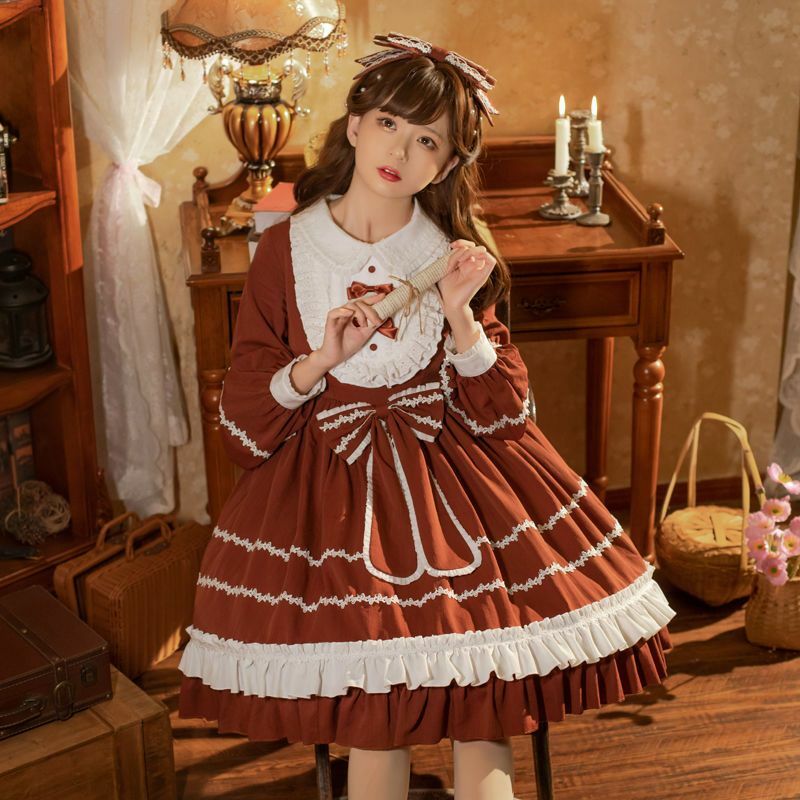 Autunno dolce Lolita OP Dress donna Kawaii Vintage Ruffles Bowknot abiti da festa ragazze Harajuku carino vestito a maniche lunghe