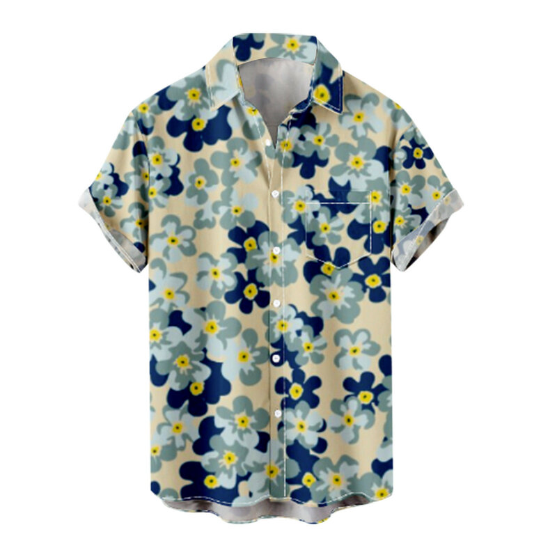 Mens Fashion And Leisure 3D Digital Printing Buckle Lapel Short Sleeve Shirt Top under Scrub Shirts