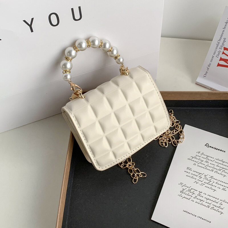 Women's Bag 2022 Trend Leather Chain Shoulder Crossbody Bag with Pearl Handle Portable Chocolate Grid Solid Color Small Handbags