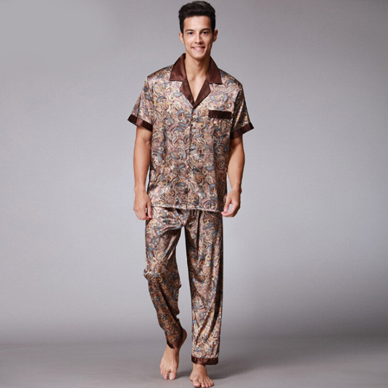 Пижамный комплект мужской из 2 предметов, одежда для сна, летняя Ночная одежда, халат, короткая Пижама, шелковая пижама, шорты, топ и штаны, Пи...