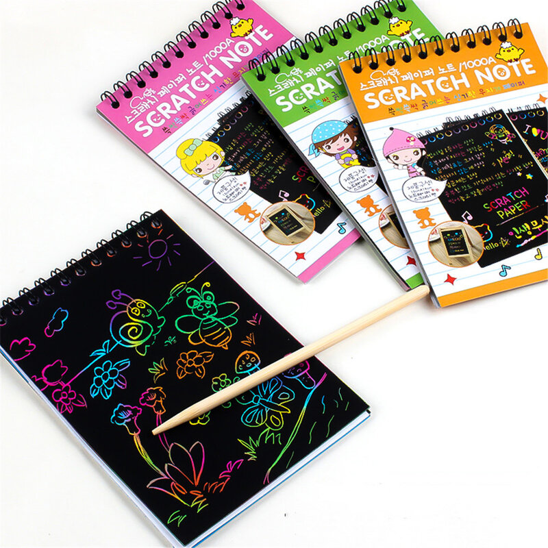 Cuaderno de dibujo mágico para niños, cuaderno de cartón negro para rascar, juguetes educativos de aprendizaje, pintura artística para rascar, 10 hojas